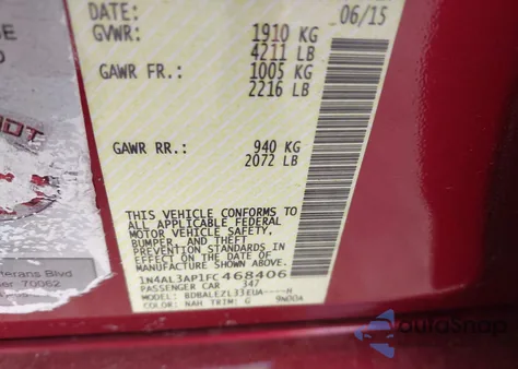 2015 Nissan Altima 2.5 S z USA, uszkodzony, nr VIN 1N4AL3AP1FC468406